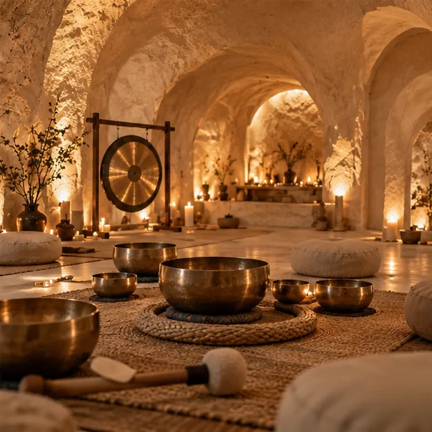 Suasana sound healing dengan singing bowl dan gong di dalam cave bercahaya lilin